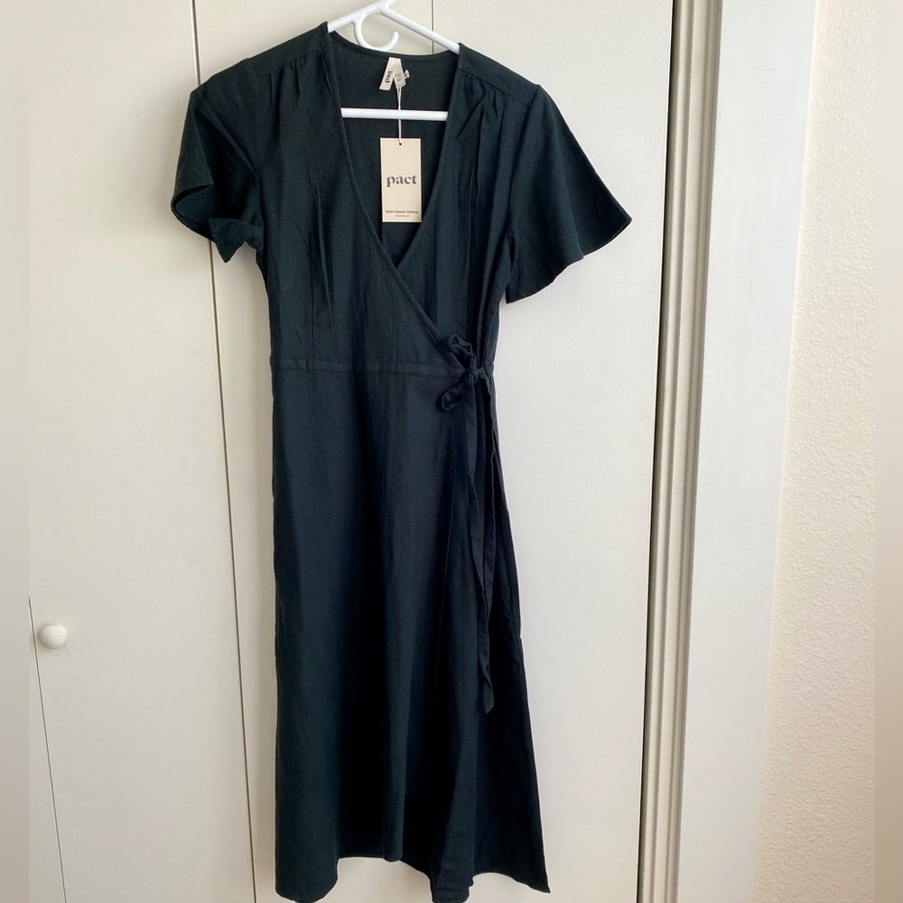 Pact organic black crepe wrap dress